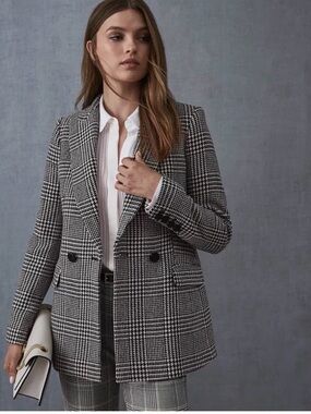 Reiss Black and White Glen Plaid Double-Breasted Blazer